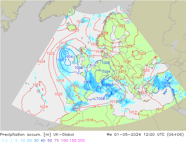 Précipitation accum. UK-Global mer 01.05.2024 12 UTC