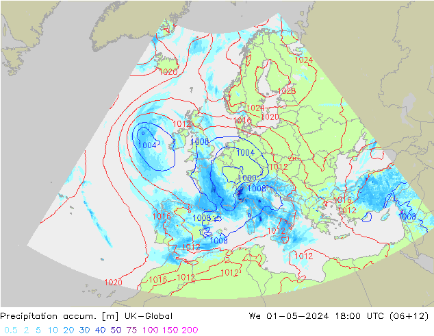 Precipitation accum. UK-Global śro. 01.05.2024 18 UTC