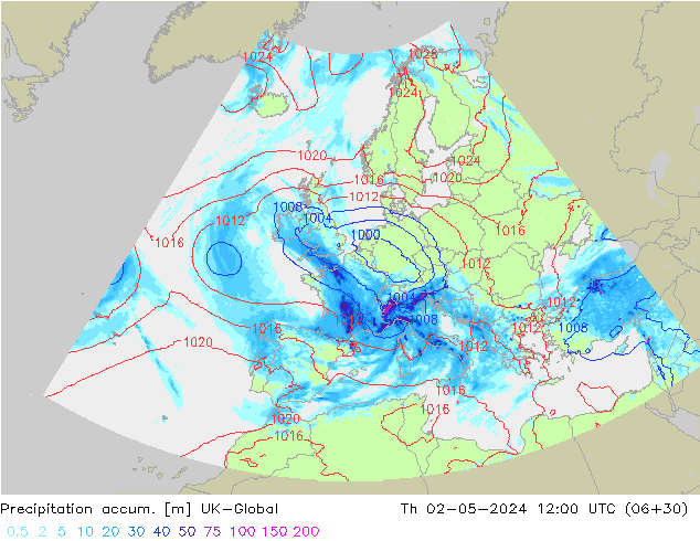 Précipitation accum. UK-Global jeu 02.05.2024 12 UTC