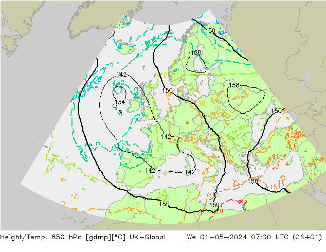 Height/Temp. 850 гПа UK-Global ср 01.05.2024 07 UTC