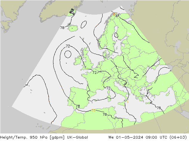 Height/Temp. 950 hPa UK-Global śro. 01.05.2024 09 UTC