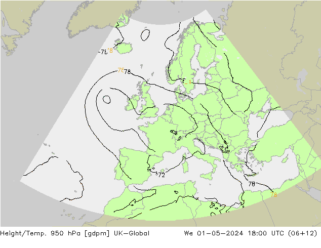 Height/Temp. 950 hPa UK-Global Mi 01.05.2024 18 UTC