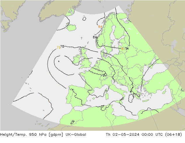 Height/Temp. 950 hPa UK-Global Th 02.05.2024 00 UTC