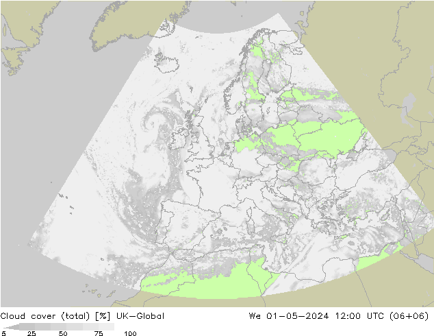 Cloud cover (total) UK-Global We 01.05.2024 12 UTC