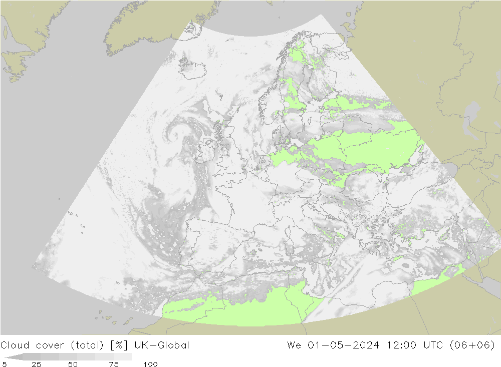 Cloud cover (total) UK-Global We 01.05.2024 12 UTC