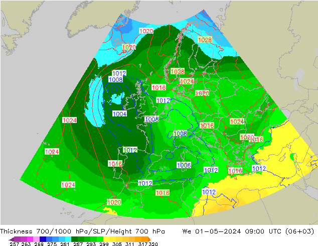 Thck 700-1000 hPa UK-Global Qua 01.05.2024 09 UTC