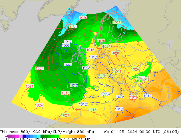 Thck 850-1000 hPa UK-Global śro. 01.05.2024 09 UTC