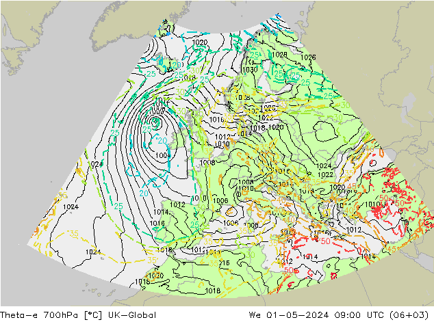 Theta-e 700hPa UK-Global We 01.05.2024 09 UTC
