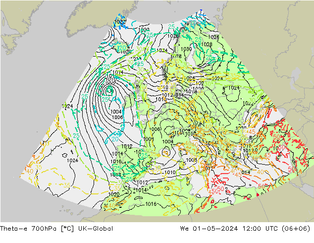 Theta-e 700hPa UK-Global We 01.05.2024 12 UTC