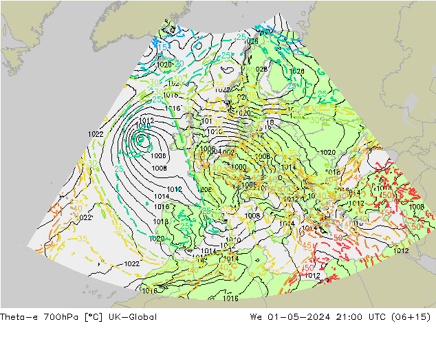 Theta-e 700hPa UK-Global We 01.05.2024 21 UTC