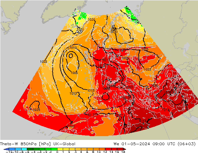 Theta-W 850hPa UK-Global We 01.05.2024 09 UTC