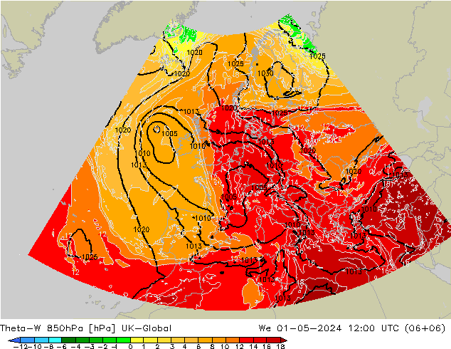 Theta-W 850hPa UK-Global Mi 01.05.2024 12 UTC