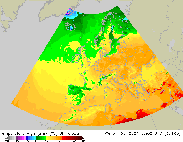 temperatura máx. (2m) UK-Global Qua 01.05.2024 09 UTC