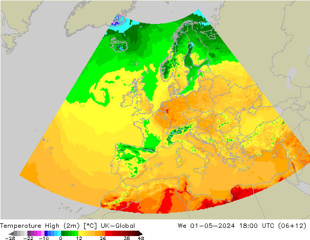 Nejvyšší teplota (2m) UK-Global St 01.05.2024 18 UTC