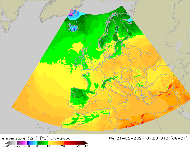 Temperatura (2m) UK-Global Qua 01.05.2024 07 UTC