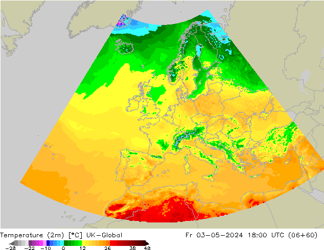 Temperatura (2m) UK-Global ven 03.05.2024 18 UTC