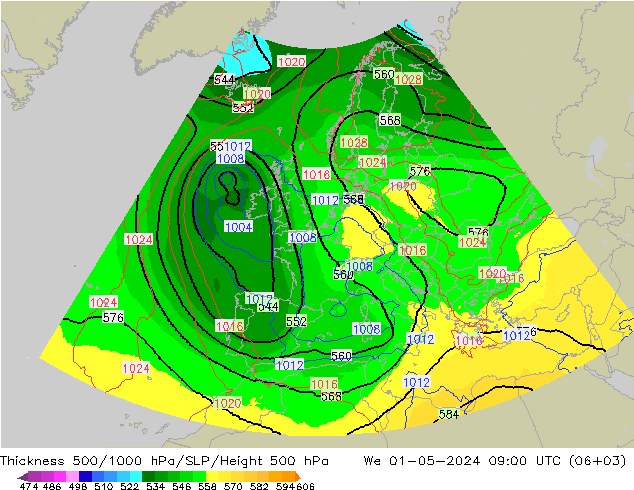 Thck 500-1000hPa UK-Global We 01.05.2024 09 UTC