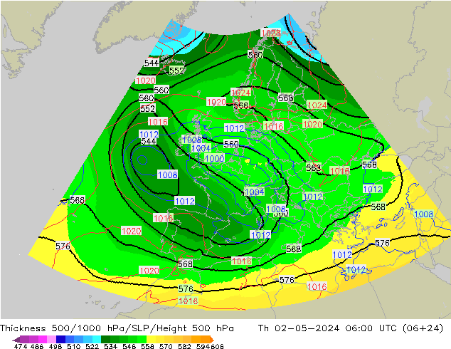Thck 500-1000hPa UK-Global gio 02.05.2024 06 UTC