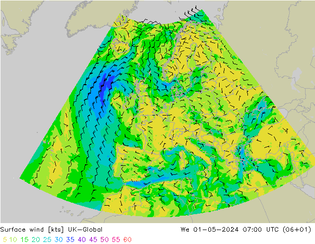 Vento 10 m UK-Global mer 01.05.2024 07 UTC