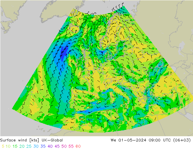 Vento 10 m UK-Global Qua 01.05.2024 09 UTC