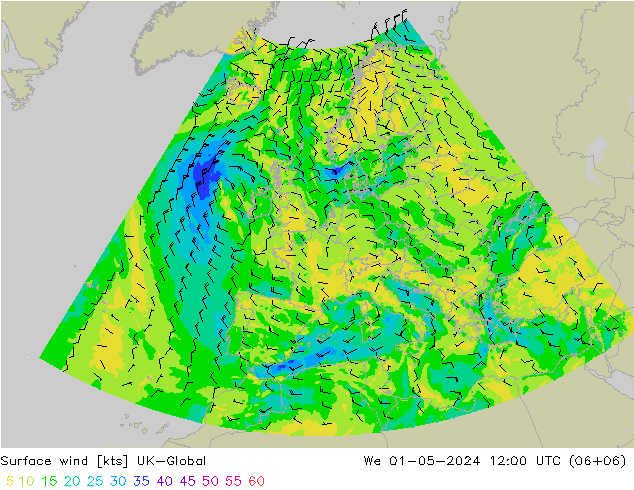 Vento 10 m UK-Global mer 01.05.2024 12 UTC