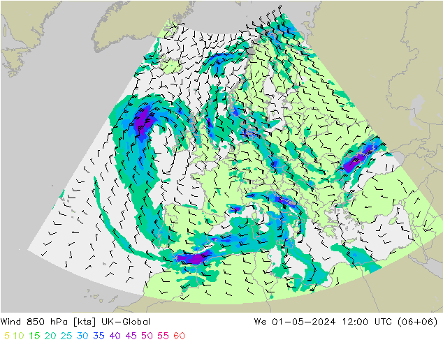 Wind 850 hPa UK-Global We 01.05.2024 12 UTC