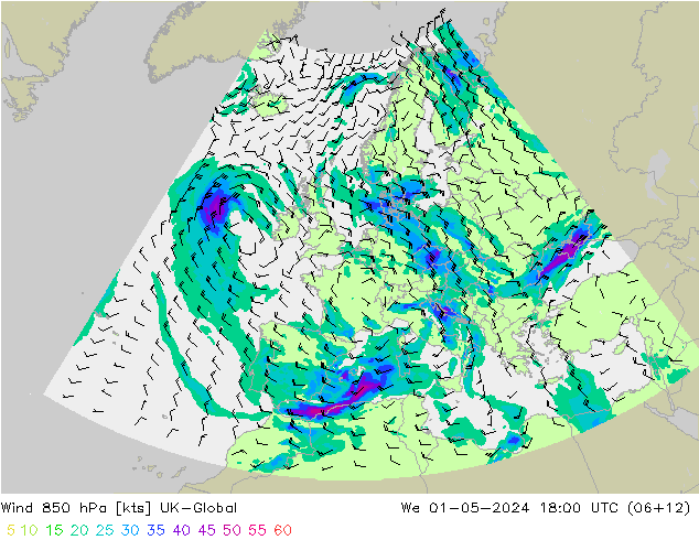 Wind 850 hPa UK-Global We 01.05.2024 18 UTC