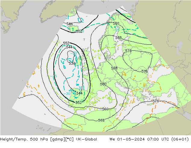 Height/Temp. 500 hPa UK-Global  01.05.2024 07 UTC