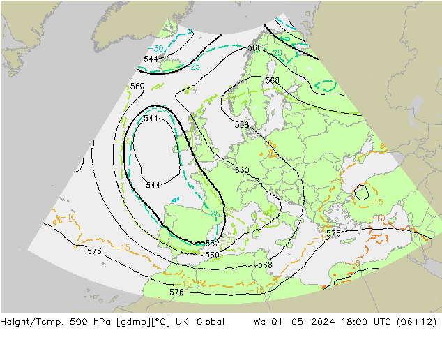Height/Temp. 500 hPa UK-Global mer 01.05.2024 18 UTC