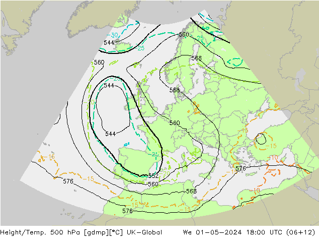 Height/Temp. 500 hPa UK-Global We 01.05.2024 18 UTC