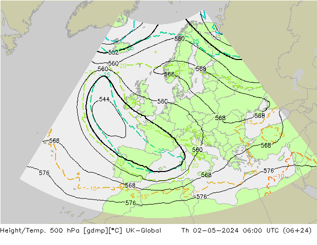 Height/Temp. 500 hPa UK-Global Th 02.05.2024 06 UTC