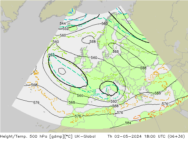 Height/Temp. 500 hPa UK-Global Qui 02.05.2024 18 UTC