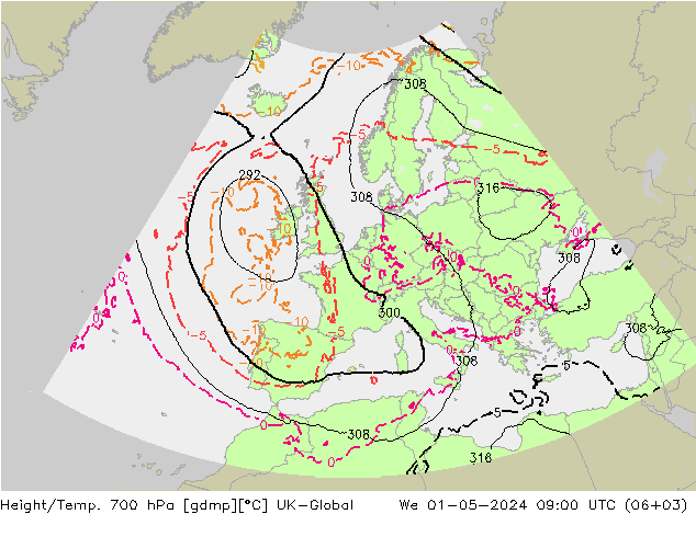 Hoogte/Temp. 700 hPa UK-Global wo 01.05.2024 09 UTC