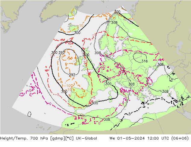 Height/Temp. 700 hPa UK-Global We 01.05.2024 12 UTC