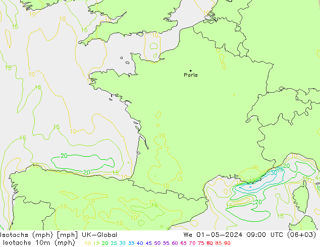 Isotachen (mph) UK-Global Mi 01.05.2024 09 UTC