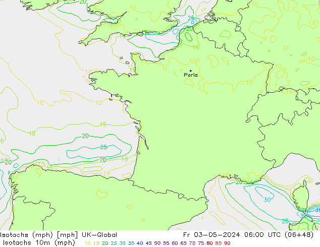 Isotachen (mph) UK-Global Fr 03.05.2024 06 UTC