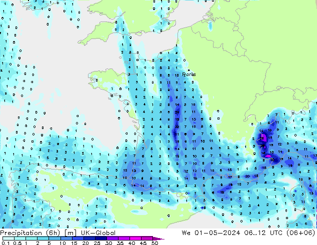 Precipitation (6h) UK-Global We 01.05.2024 12 UTC