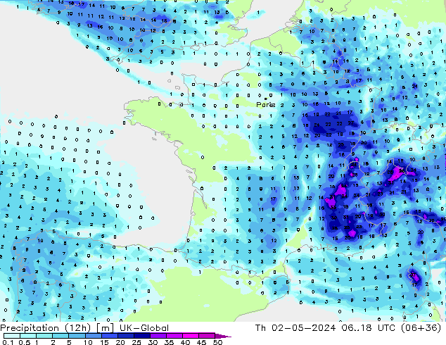 Precipitation (12h) UK-Global Th 02.05.2024 18 UTC