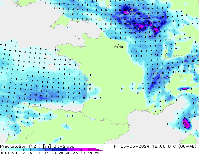 Precipitation (12h) UK-Global Fr 03.05.2024 06 UTC