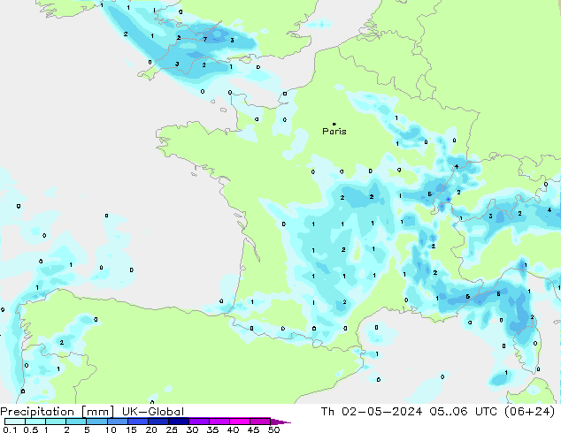 Precipitation UK-Global Th 02.05.2024 06 UTC