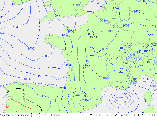 Pressione al suolo UK-Global mer 01.05.2024 07 UTC