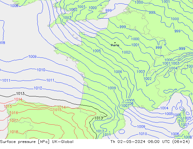 Surface pressure UK-Global Th 02.05.2024 06 UTC