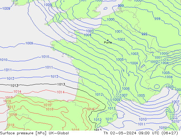 Surface pressure UK-Global Th 02.05.2024 09 UTC