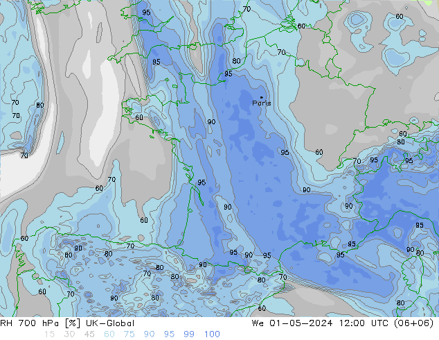 RH 700 hPa UK-Global śro. 01.05.2024 12 UTC
