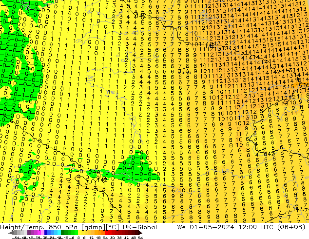 Height/Temp. 850 hPa UK-Global Mi 01.05.2024 12 UTC