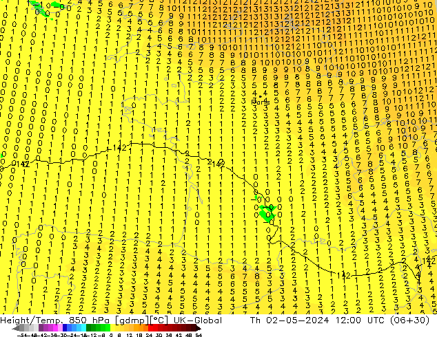 Height/Temp. 850 hPa UK-Global Th 02.05.2024 12 UTC