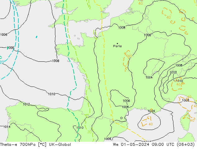 Theta-e 700hPa UK-Global We 01.05.2024 09 UTC