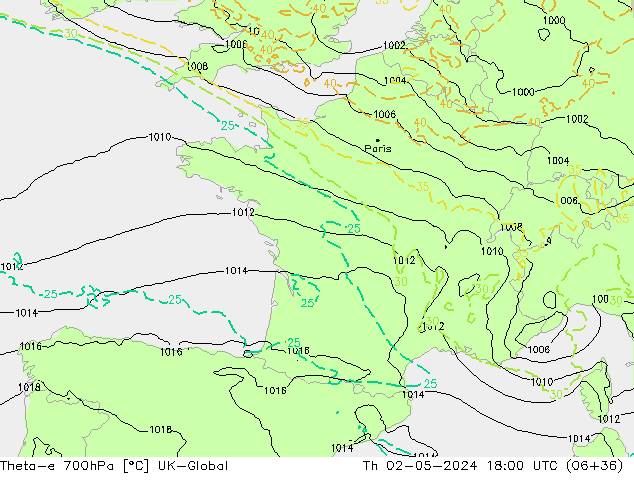 Theta-e 700hPa UK-Global Qui 02.05.2024 18 UTC