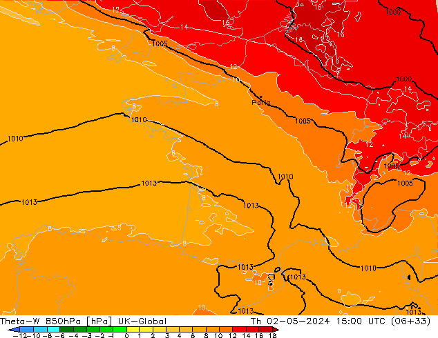 Theta-W 850hPa UK-Global czw. 02.05.2024 15 UTC