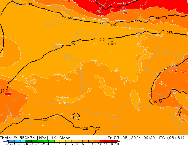Theta-W 850hPa UK-Global vr 03.05.2024 09 UTC
